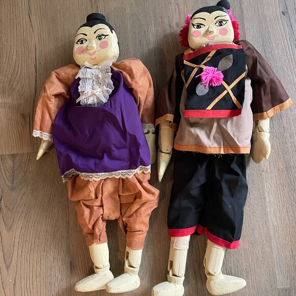 Asian Wooden & Plush Collectible Set of 2 Dolls Vintage Hand Painted Jointed 18" - Picture 1 of 6